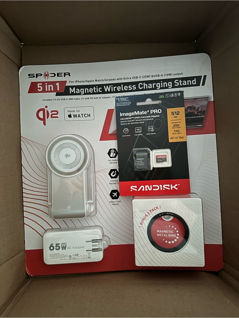 Spyder 5-in-1 Magnetic Wireless Charging Stand White and Red Accents and SanDisk